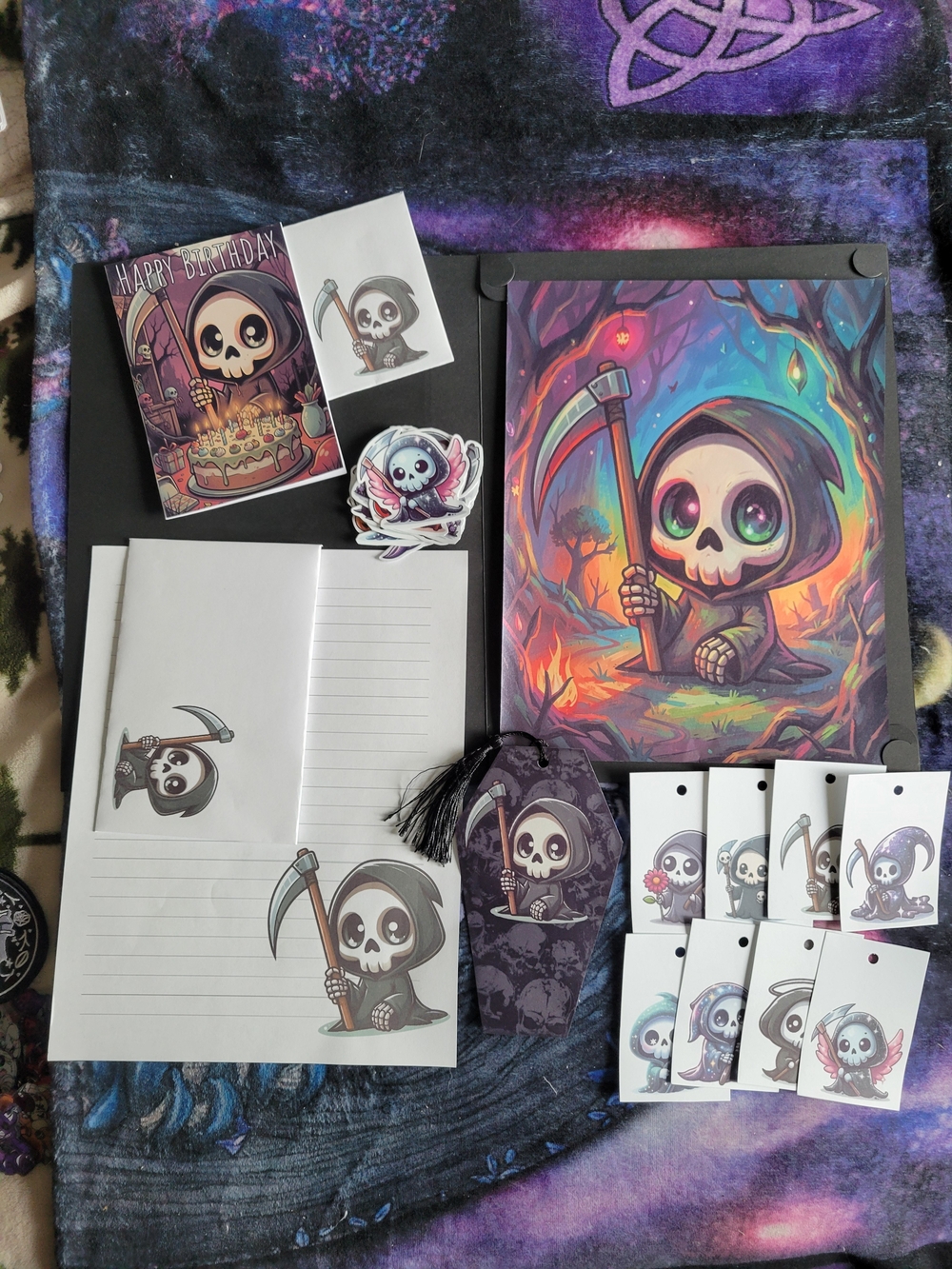 🖤NEW🖤 Hand Crafted Purple and Black Cute Grim Reaper Mixed Media stationery
